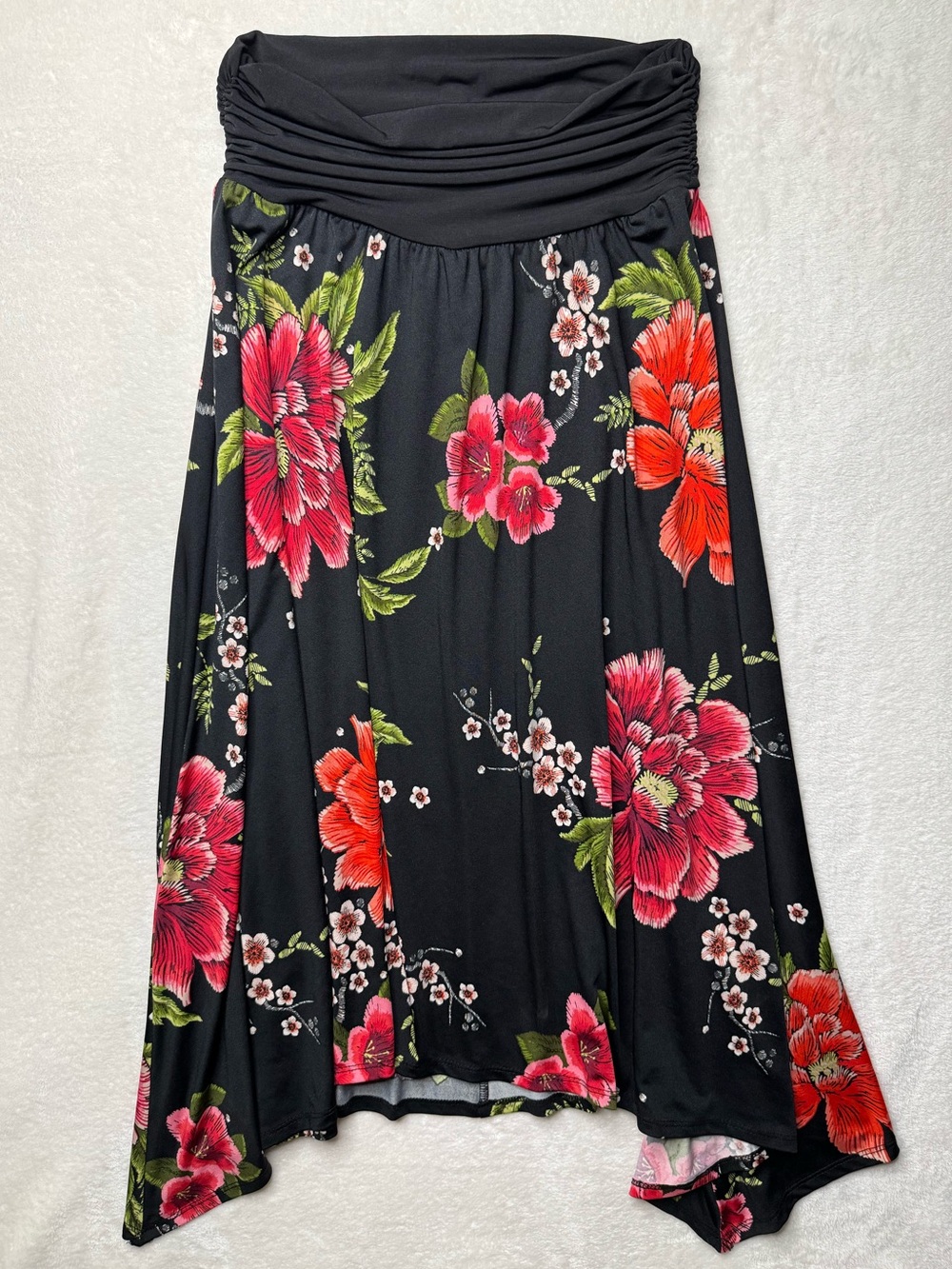 Apt. 9 - Black Asymmetrical Midi Skirt with Pink & Red Floral Print